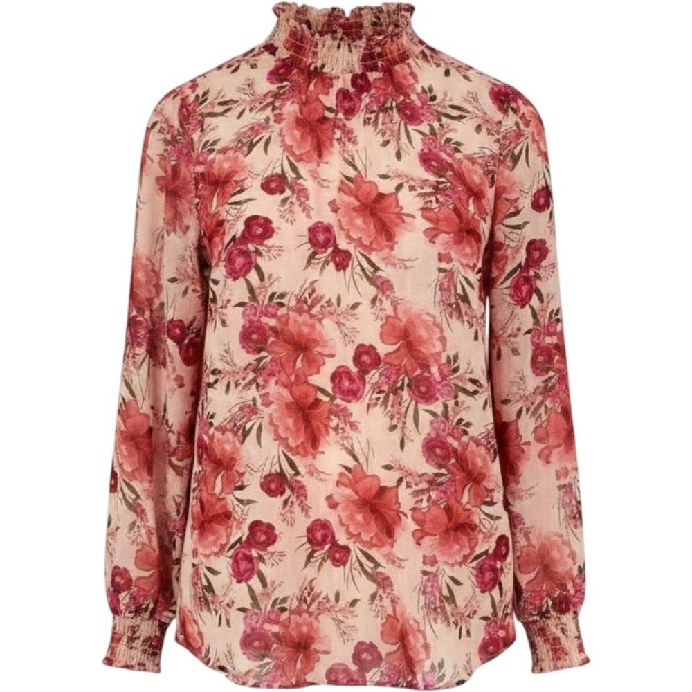 Torrid Blouse Womens 0 L 12 Blush Floral Chiffon Smocked Mock Neck Romantic Boho